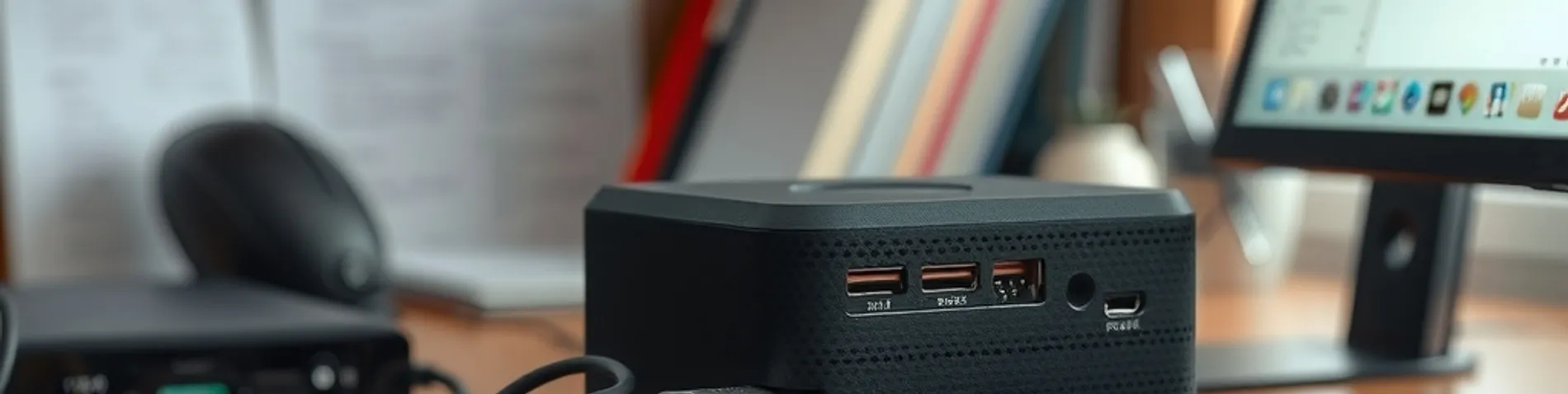 Mini PC compacto conectado a varios cables de red sobre un escritorio de despacho técnico