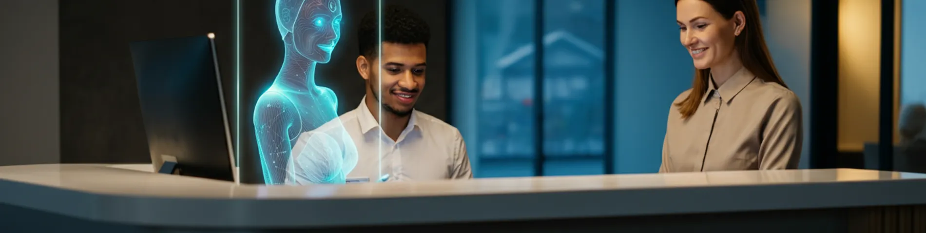 Un agente de Inteligencia Artificial y una persona trabajando juntos en un mostrador de recepción