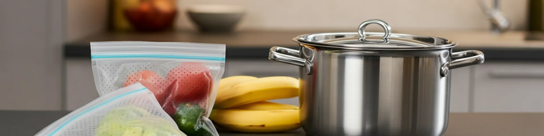 Utensilios de cocina de calidad sobre encimera: cuchillo chef, olla de acero inoxidable, bolsas microperforadas y verduras frescas