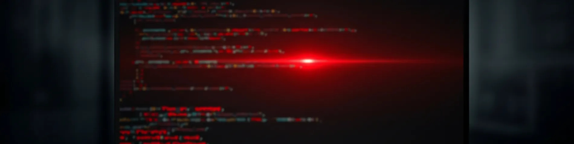Pantalla de ordenador con un mensaje de error sobre un fondo oscuro y el reflejo de líneas de código, simbolizando una caída de servicio