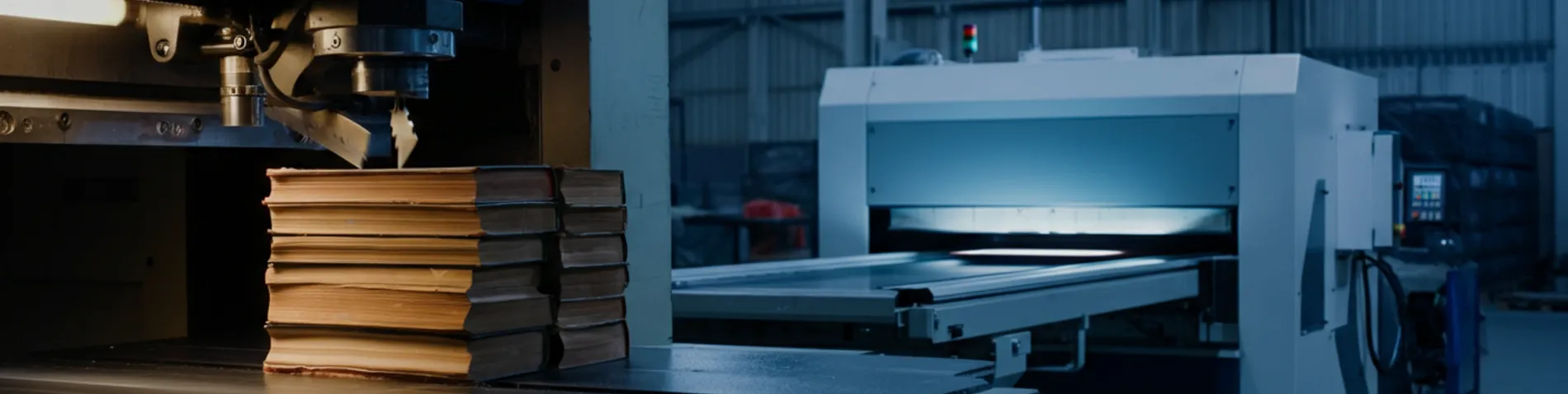 Máquina industrial cortando el lomo de una pila de libros usados junto a un escáner de alta velocidad, en un almacén con iluminación fría