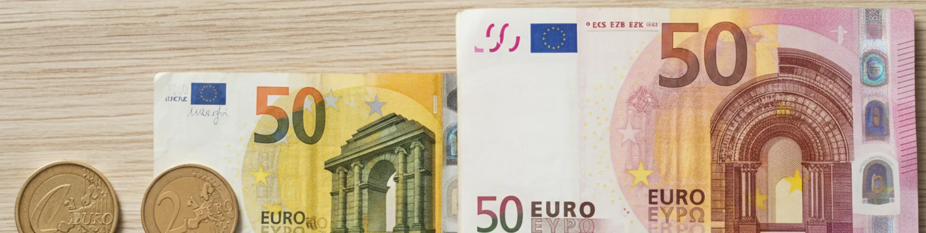 Billetes y monedas de euro de todos los valores ordenados sobre una mesa, mostrando las siete denominaciones de billete y las ocho de moneda