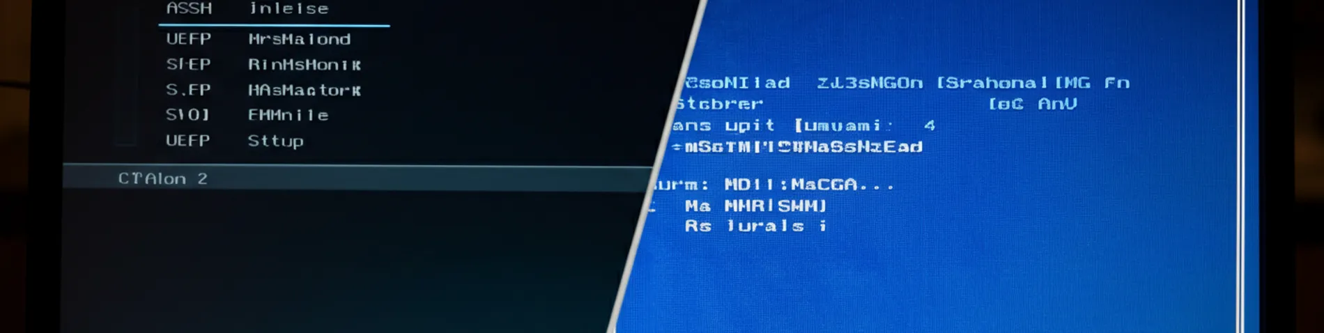 Pantalla de configuración UEFI moderna de una placa base junto a una pantalla de BIOS clásica en texto azul