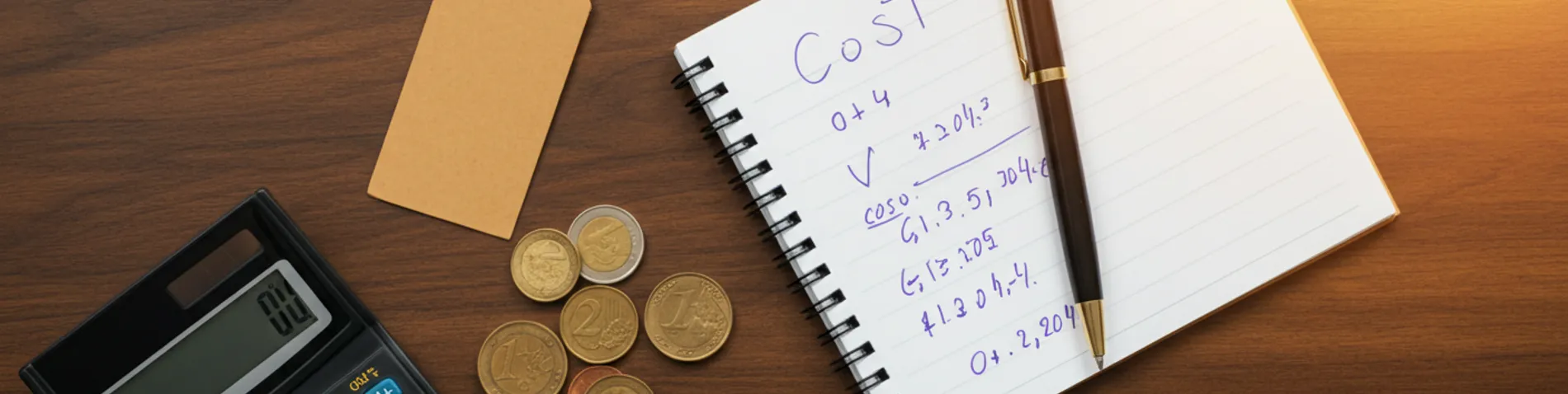 Calculadora, libreta con cuentas y una etiqueta de precio sobre la mesa de un emprendedor