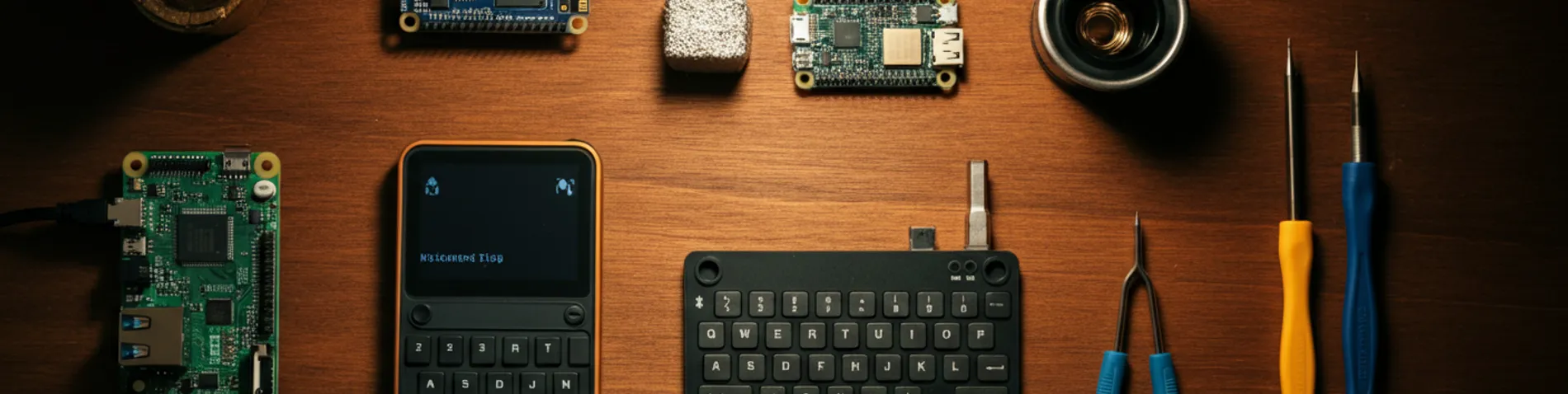 Ordenador de bolsillo tipo cyberdeck con teclado físico y pantalla junto a placas Raspberry Pi y ESP32 sobre una mesa de electrónica
