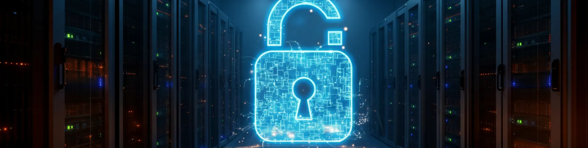 Servidores de un centro de datos con luces azules, representando el debate sobre modelos de Inteligencia Artificial de código abierto