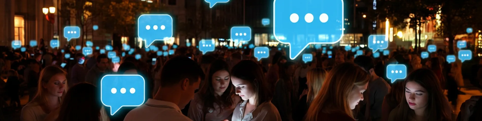 Multitud de personas usando el móvil en una ciudad de noche, con iconos de conversación flotando sobre las pantallas