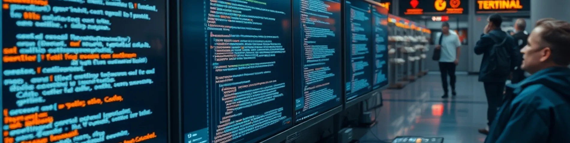 Terminal con código y varios paneles de agentes de Inteligencia Artificial trabajando en paralelo, estilo fotorrealista