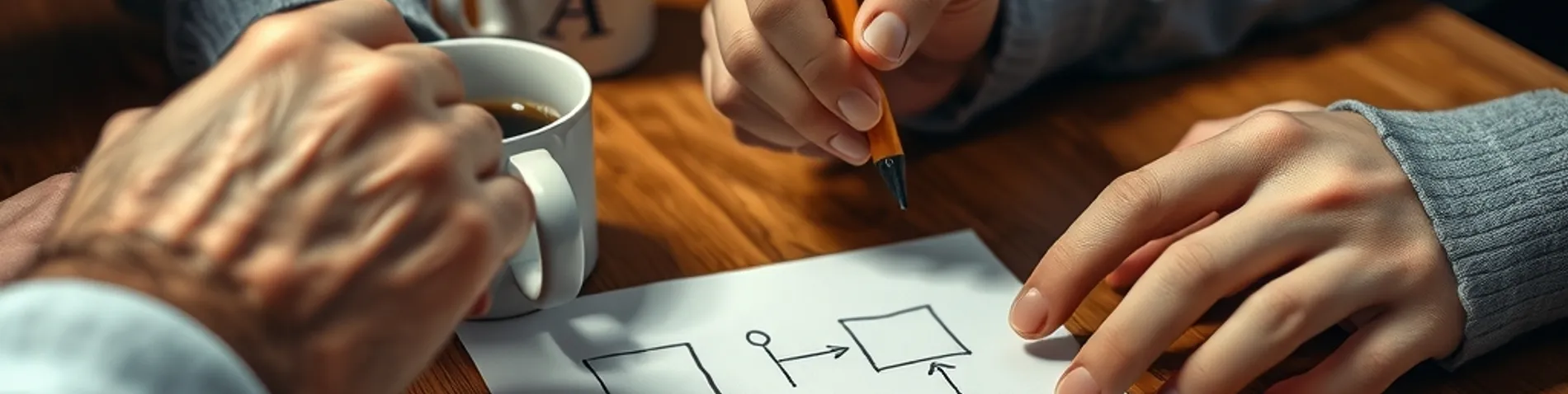 Manos de un programador veterano y uno junior sobre una mesa de madera, junto a un café, revisando un diagrama de arquitectura dibujado a mano en papel