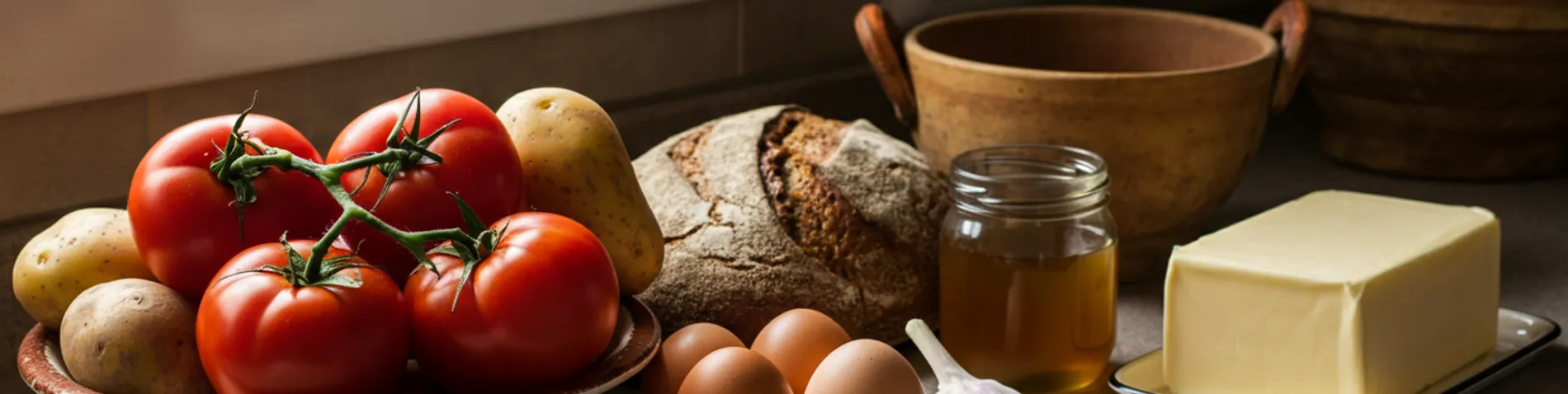 Alimentos fuera de la nevera: huevos, tomates, patatas, pan, miel y mantequilla sobre una encimera de cocina