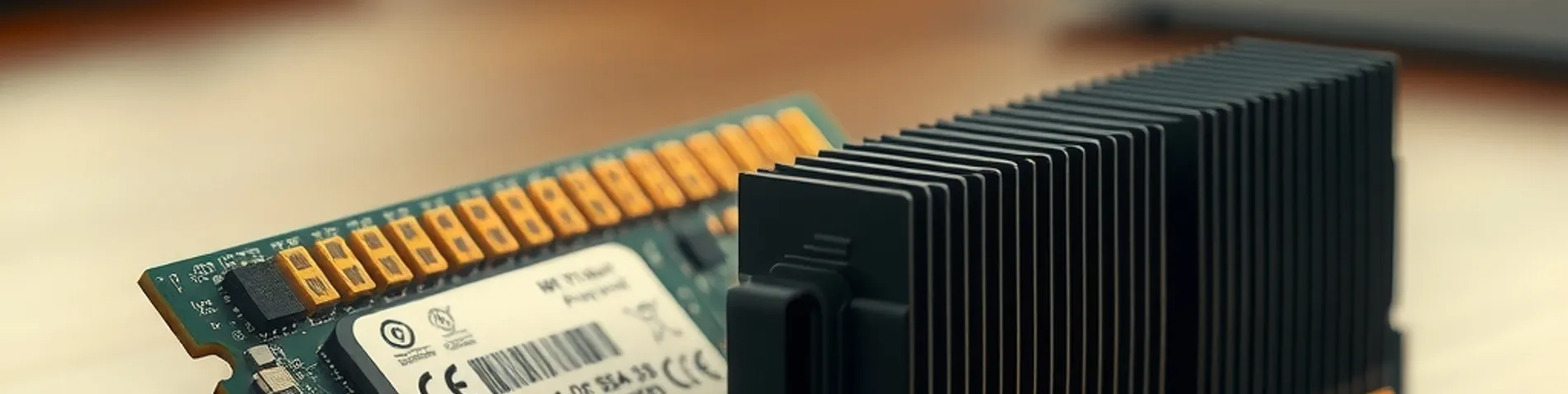 Módulo de memoria RAM antiguo junto a un módulo moderno con disipador negro sobre una mesa de madera