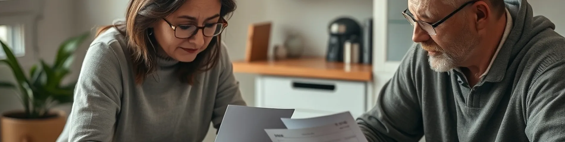 Dos personas revisando juntas las finanzas del hogar en un portátil, con tarjetas bancarias sobre la mesa