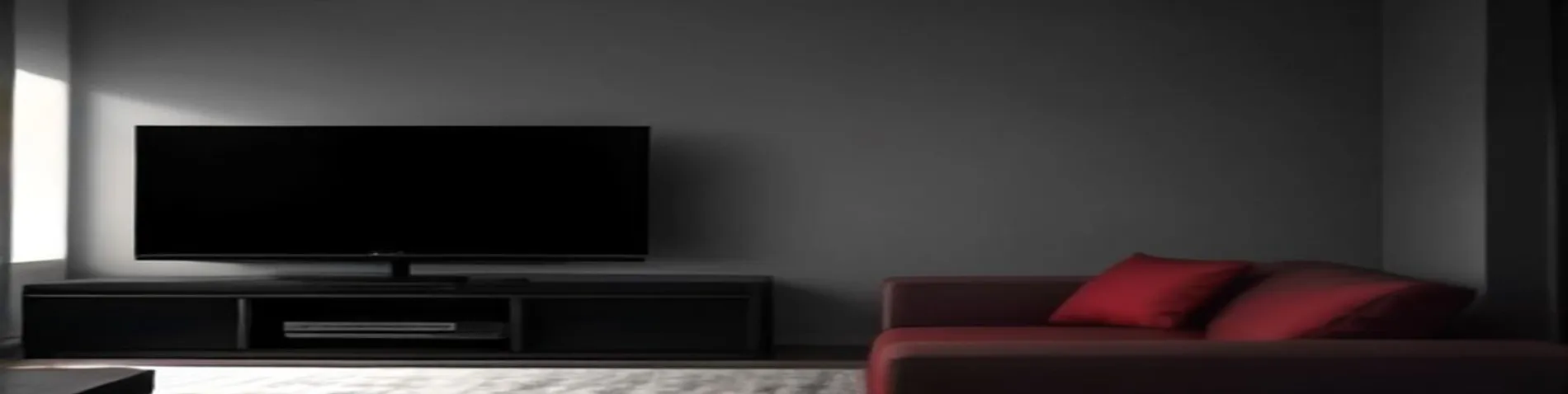 Pantalla de televisor apagada en una sala oscura con un aviso de error