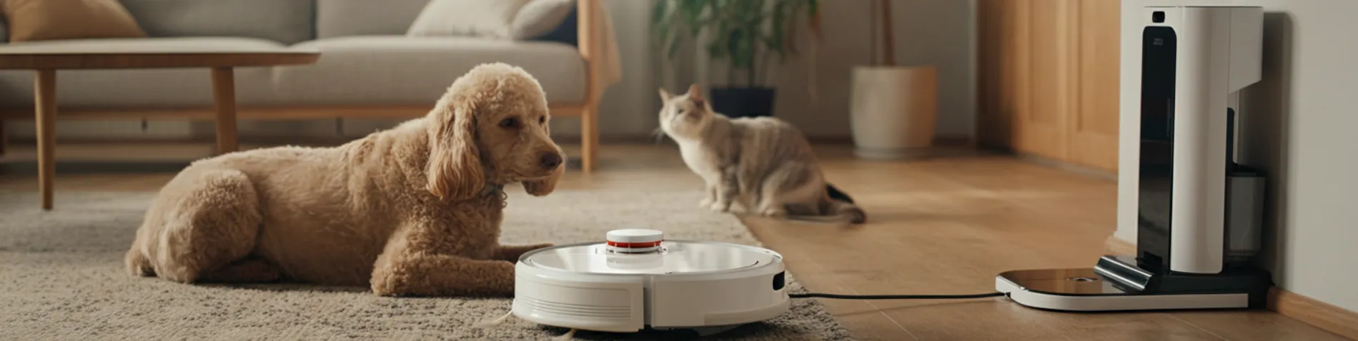 Robot aspirador-friegasuelos limpiando un salón con alfombra mientras un perro y un gato lo observan