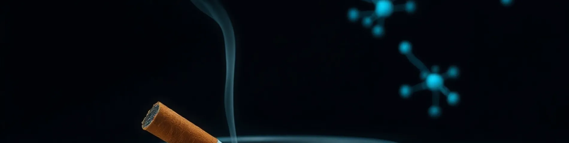 Colilla de cigarrillo humeante en un cenicero oscuro junto a nodos azules luminosos que evocan conexiones neuronales