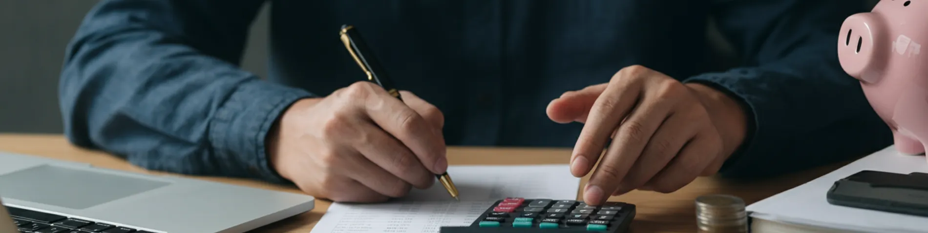 Persona revisando sus finanzas con calculadora y lista de gastos, estilo de vida frugal