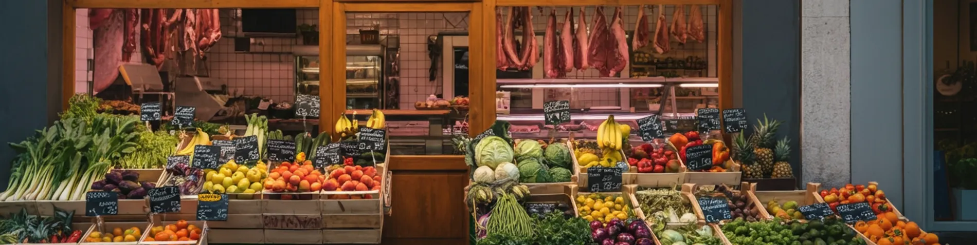 Mostrador de frutería de barrio con fruta y verdura fresca colocada en cajas de madera, junto a una carnicería tradicional al fondo