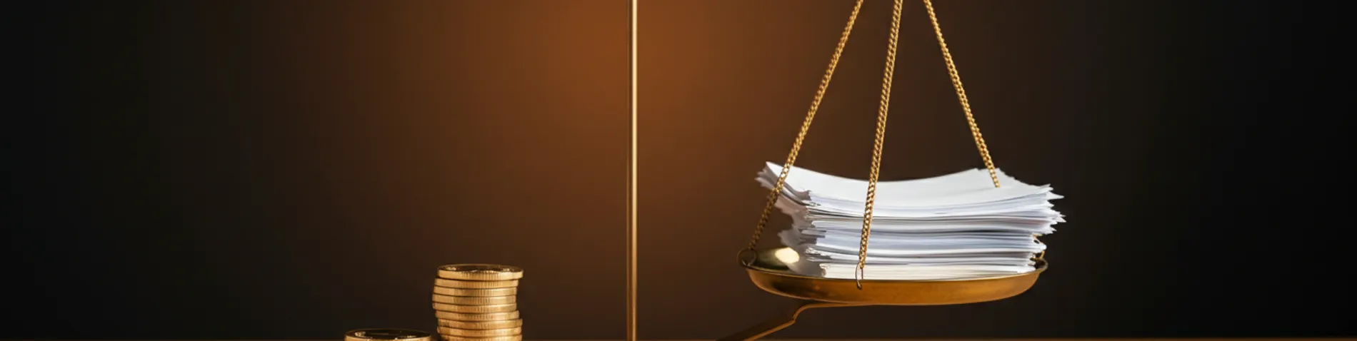 Una balanza con monedas creciendo en un lado y una deuda menguando en el otro sobre una mesa de trabajo