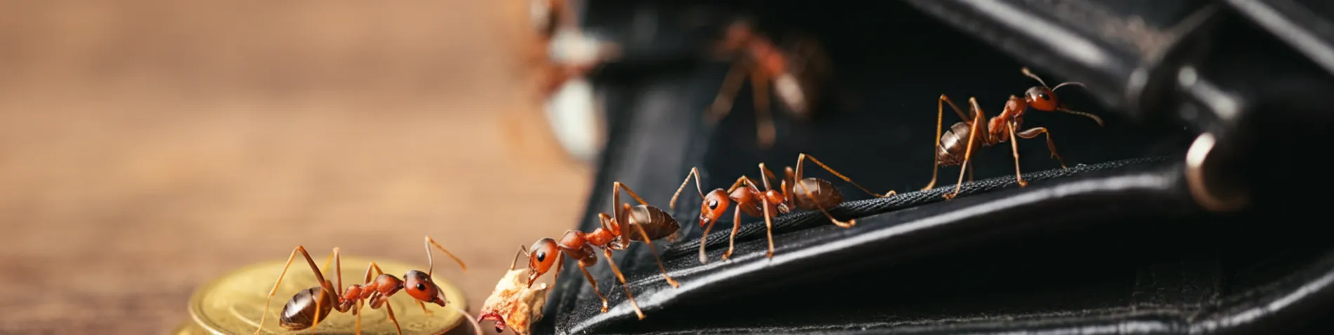 Hilera de hormigas cargando monedas alejándose de una cartera abierta sobre una mesa