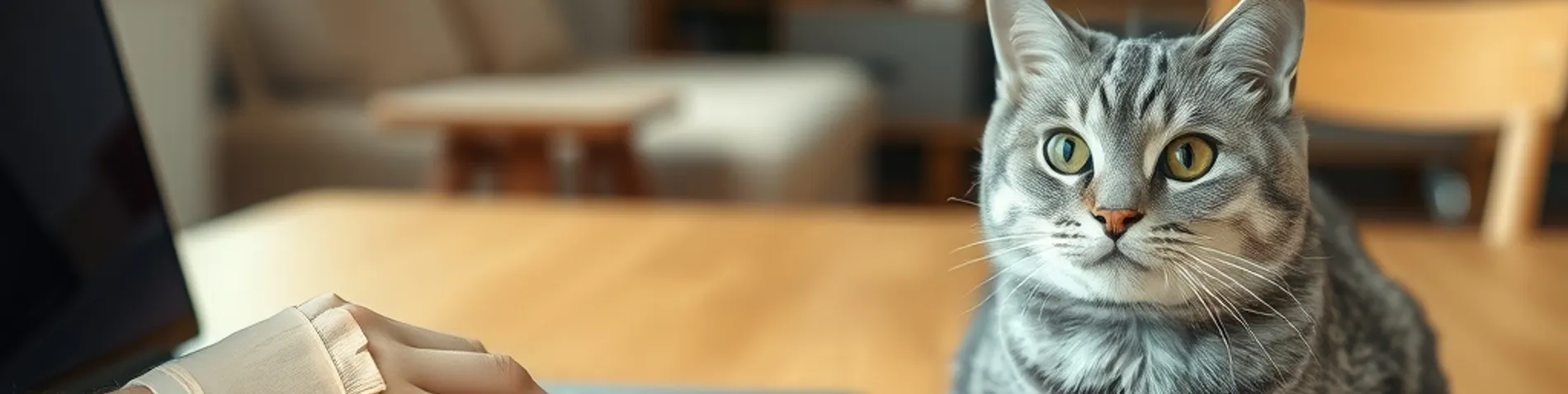 Gato atigrado gris sentado en una mesa junto a una mano con un dedo vendado sobre un portátil