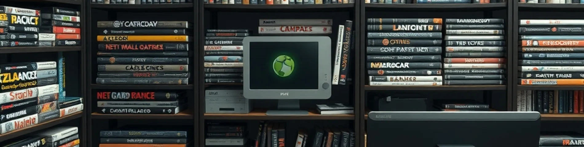 Estantería de cajas de videojuegos clásicos de PC junto a un ordenador moderno mostrando una biblioteca de juegos digital