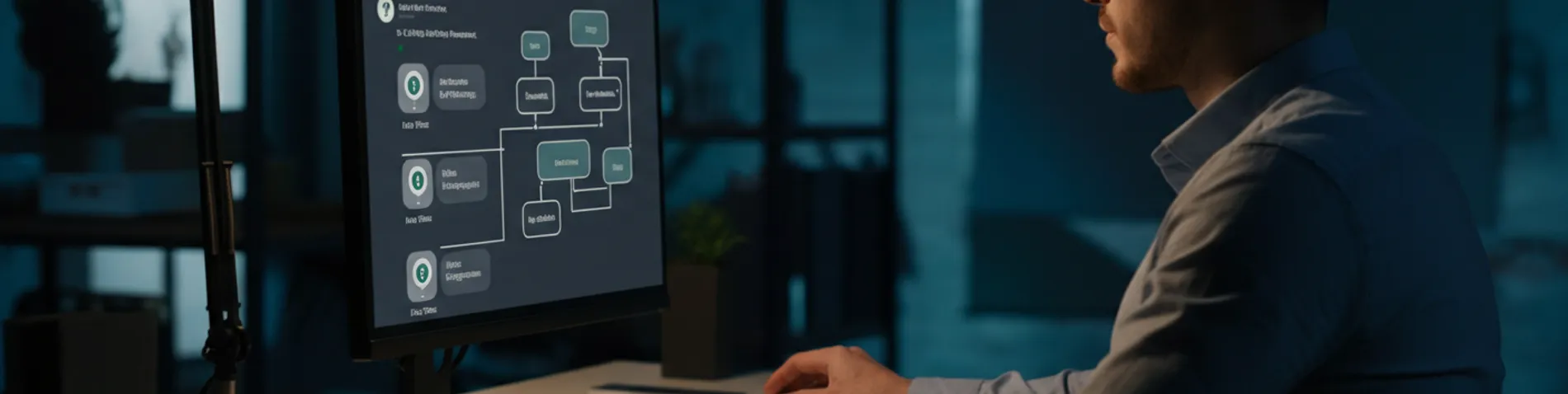 Persona programando frente a dos monitores con una lista de preguntas y un árbol de decisiones en pantalla, ambiente de oficina nocturno