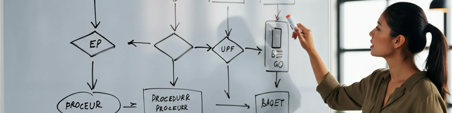Diagrama de flujo de un procedimiento dibujado en una pizarra, con pasos conectados por flechas, junto a una persona pensando