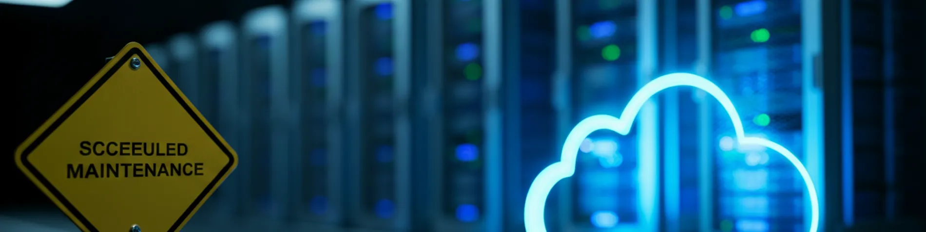 Señal de mantenimiento sobre una nube y servidores, representando una ventana de mantenimiento programado en la red
