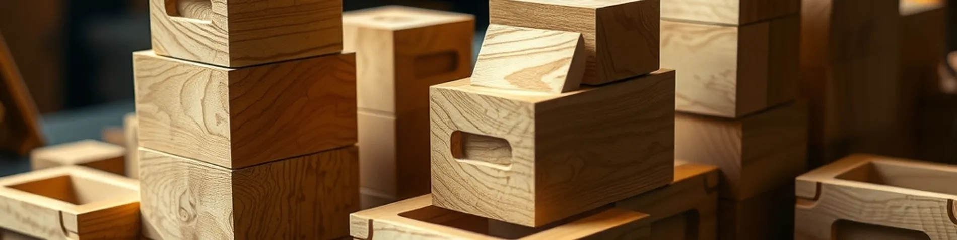 Bloques y cajas modulares de madera ordenados como un catálogo de piezas, una de ellas encajando en su hueco, metáfora de un marketplace de plugins