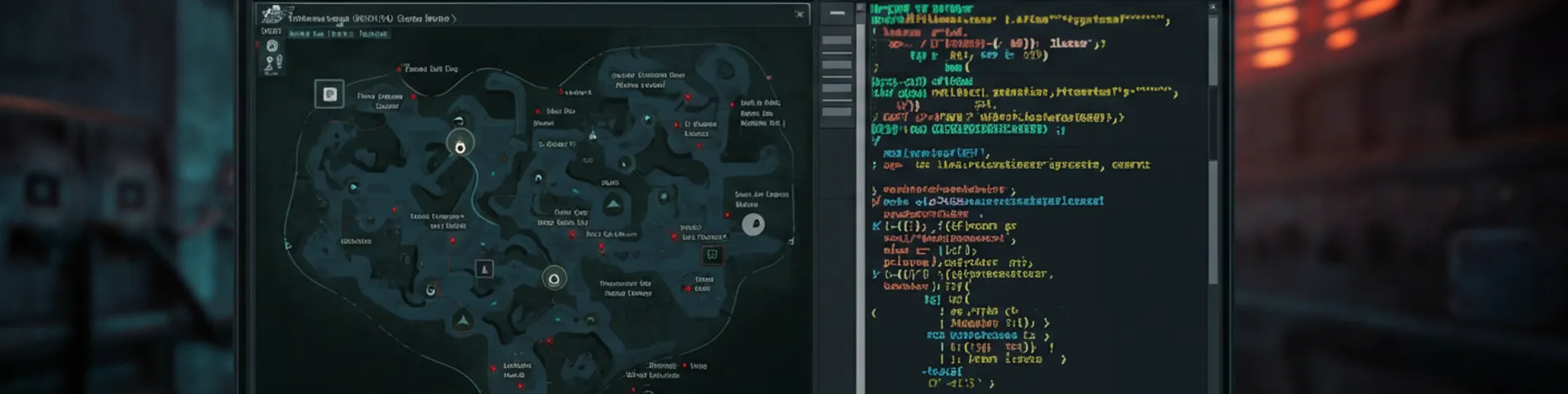 Pantalla de terminal con código malicioso oculto dentro de un editor de mapas de videojuego, representando un ataque de malware camuflado en contenido de Steam Workshop