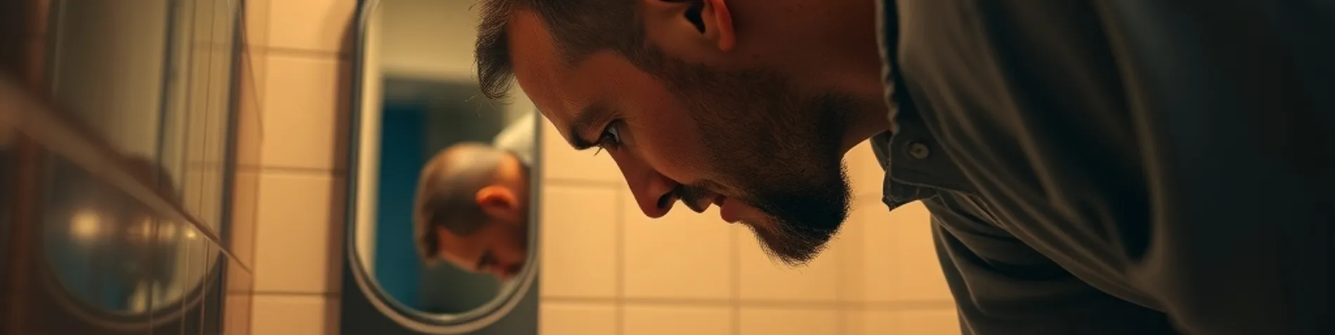 Hombre muy alto agachándose para verse en un espejo de baño colocado demasiado bajo