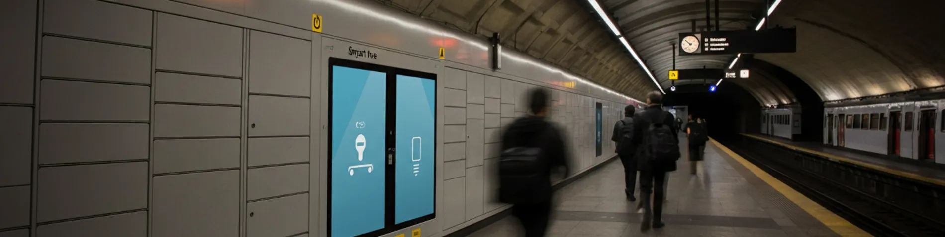 Andén de metro moderno con una taquilla inteligente de recogida de paquetes junto a las vías