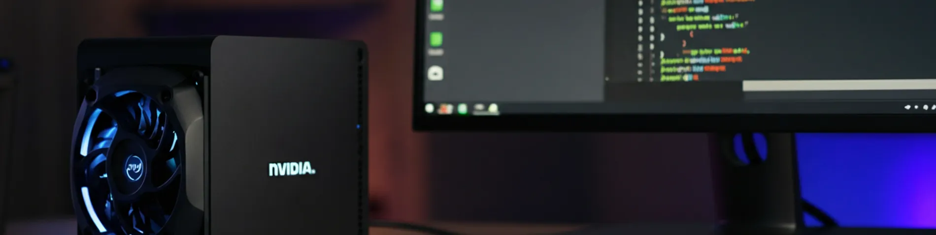 Mini PC de desarrollo de Microsoft con NVIDIA sobre una mesa de programador, junto a una pantalla con código y modelos locales