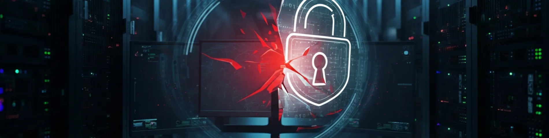 Terminal de código con una alerta de seguridad roja sobre un fondo de servidores, representando una fuga de un entorno de pruebas de Inteligencia Artificial