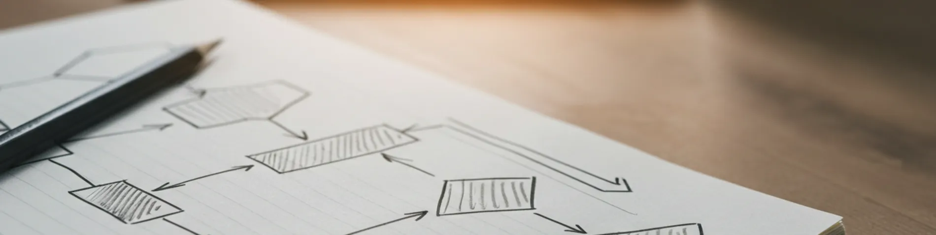 Diagrama de flujo dibujado a mano en una libreta con flechas y rombos de decisión, junto a un lápiz y un portátil