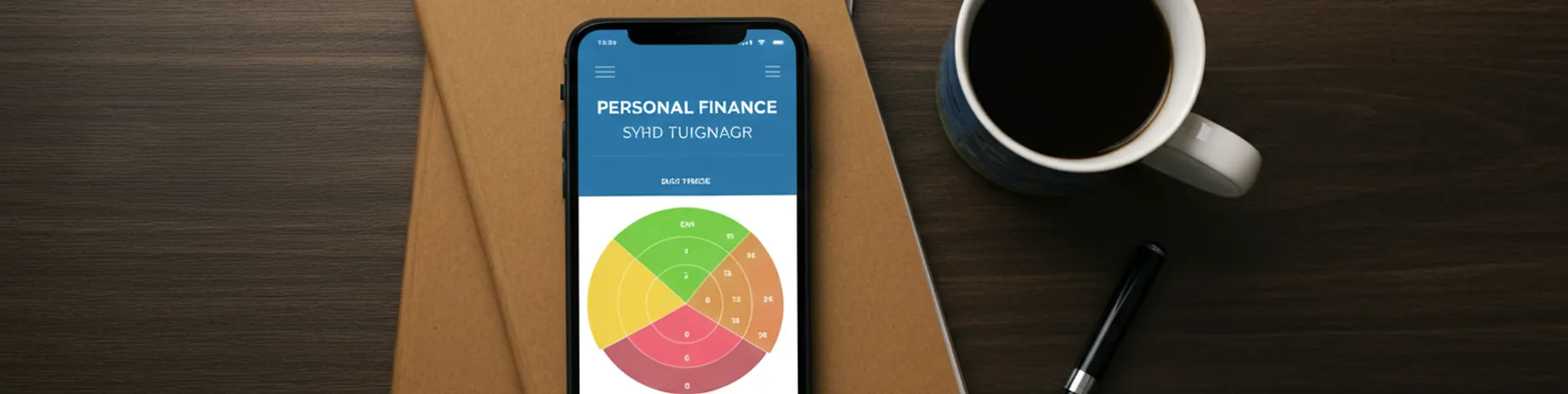 Móvil con una app de finanzas mostrando categorías de gasto junto a un cuaderno de presupuesto y un café