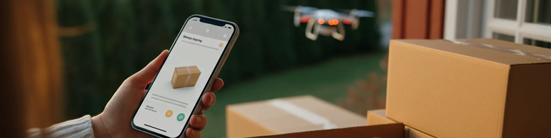 Persona recibiendo un paquete de un dron de reparto en el jardín de su casa, con la app de pedidos abierta en el móvil