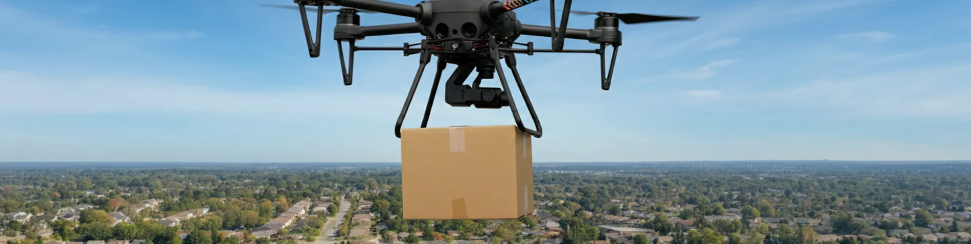 Dron de reparto sobrevolando un barrio residencial con un paquete suspendido, representando la expansión del reparto aéreo automatizado