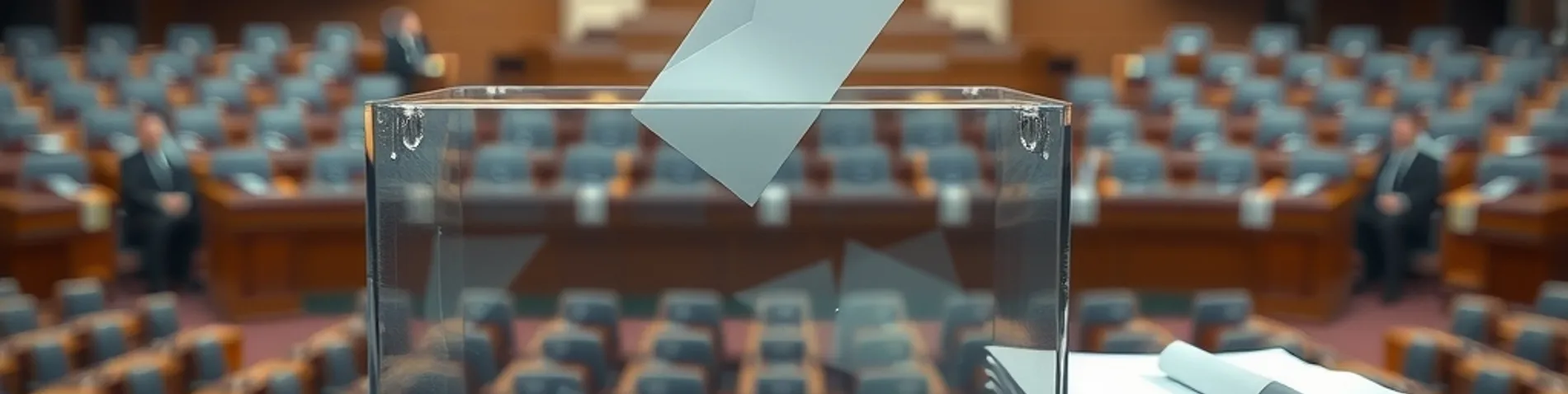 Urna electoral transparente con una papeleta entrando, delante de un hemiciclo parlamentario