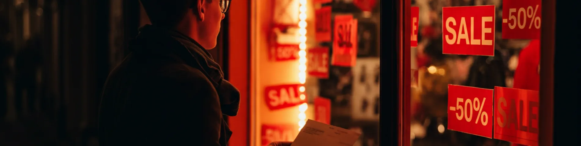 Persona dudando ante un escaparate iluminado con carteles de rebajas y una tarjeta en la mano