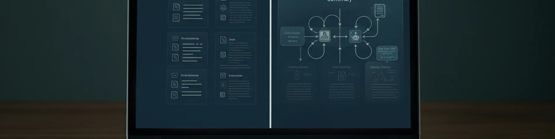 Pantalla mostrando un cuaderno digital con documentos cargados y un panel de Inteligencia Artificial generando un resumen y un mapa mental