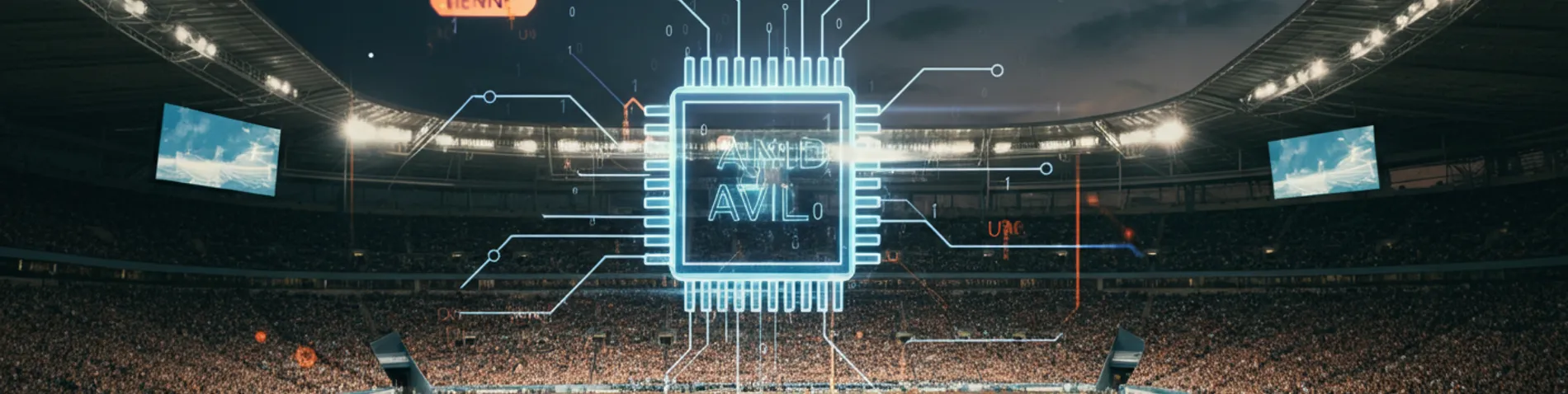 Estadio de fútbol lleno con un chip de Inteligencia Artificial brillante superpuesto en el cielo, representando un lanzamiento de modelo el mismo día de una gran final deportiva