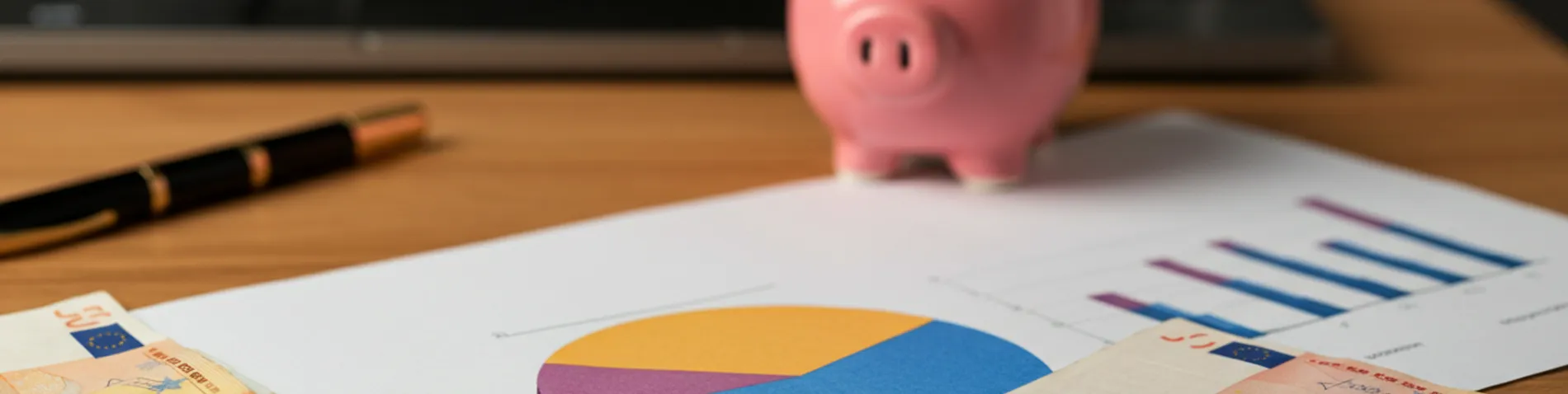 Gráfico circular dividido en tres porciones sobre una mesa con billetes y una hucha