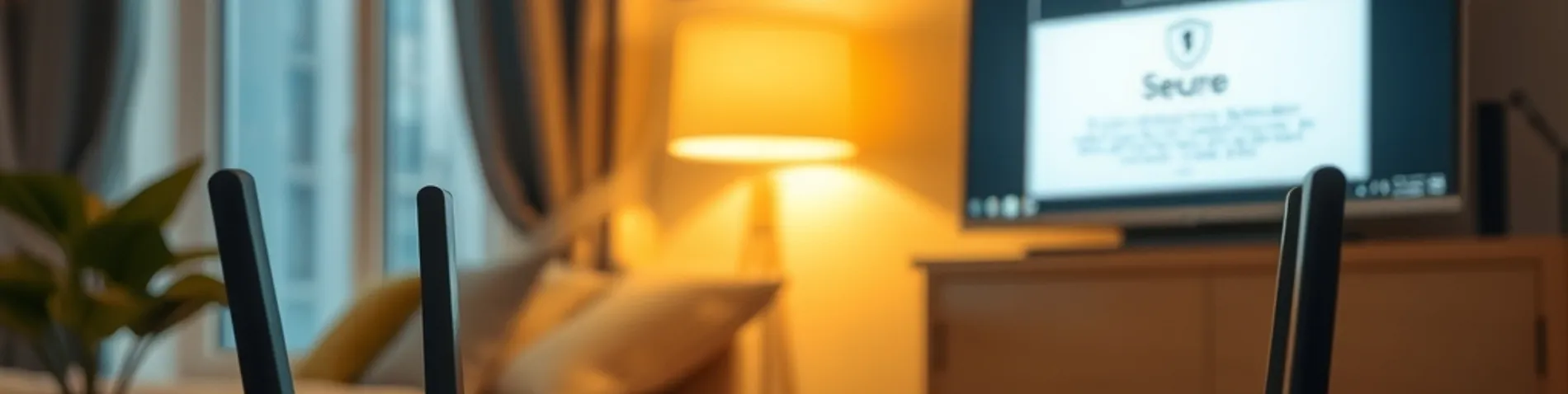 Router doméstico de fibra con las luces encendidas sobre un mueble y un aviso de seguridad en una pantalla