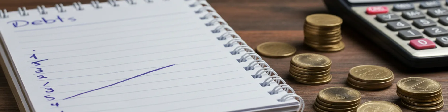 Lista de deudas tachadas una a una en un cuaderno junto a una calculadora y monedas apiladas