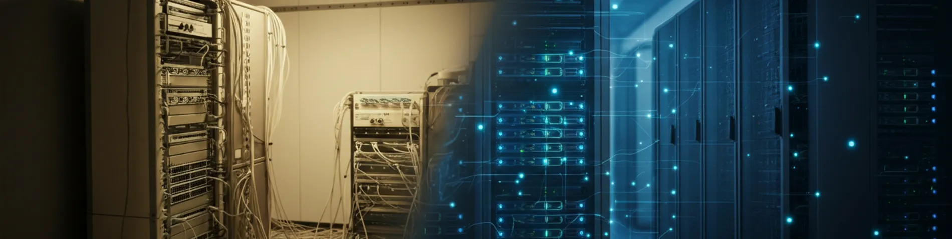 Sala de servidores con equipos antiguos a un lado y una infraestructura en la nube moderna al otro, simbolizando una migración tecnológica