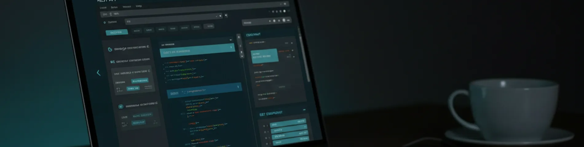 Pantalla de portátil mostrando documentación interactiva de una API REST en un editor de código oscuro