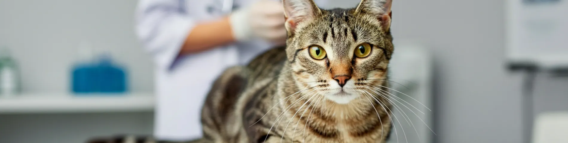 Gato atigrado sobre la mesa de exploración de una clínica veterinaria, con una veterinaria desenfocada al fondo