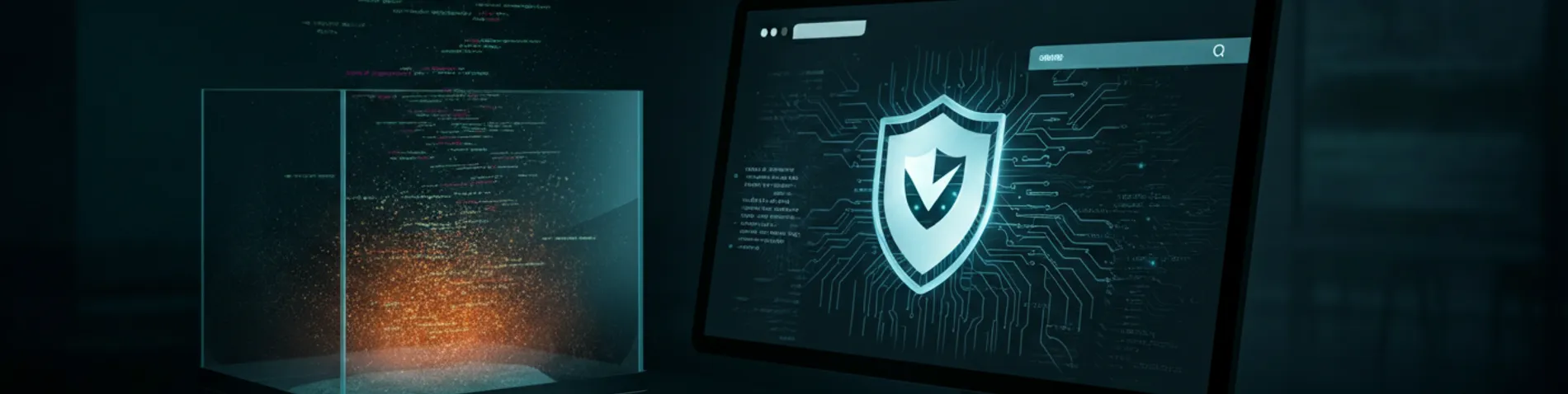 Terminal con líneas de código de seguridad y una ventana de navegador con un icono de escudo VPN, ambiente de oficina técnica