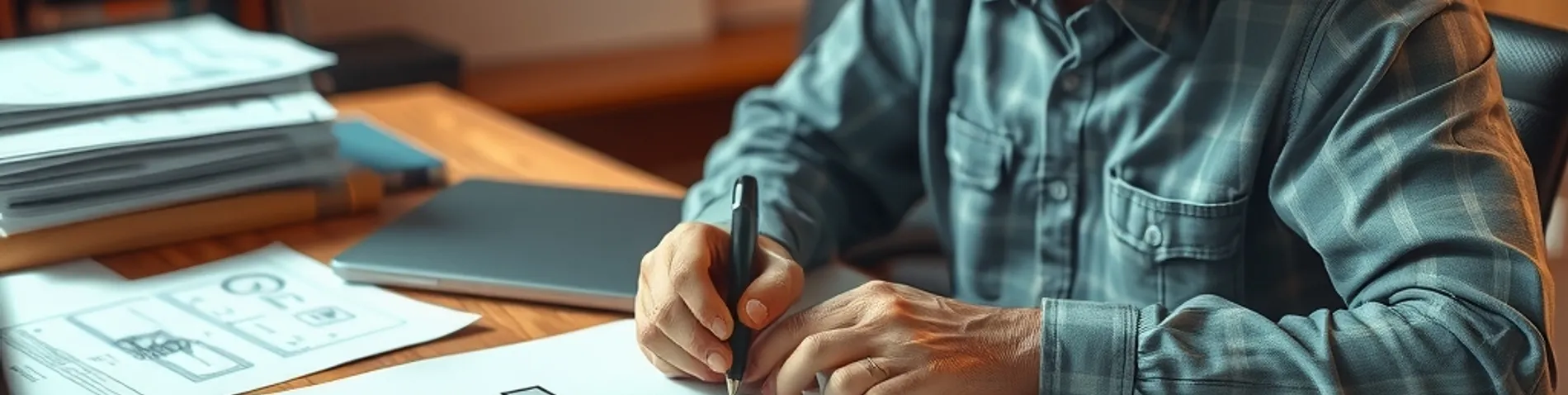 Programador senior dibujando un diagrama de arquitectura de software en papel junto a un portátil y una pila de documentos de especificación